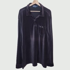 POLO Ralph Lauren Vintage Velour Corduroy Long Sleeve Polo in Dark Brown • XL